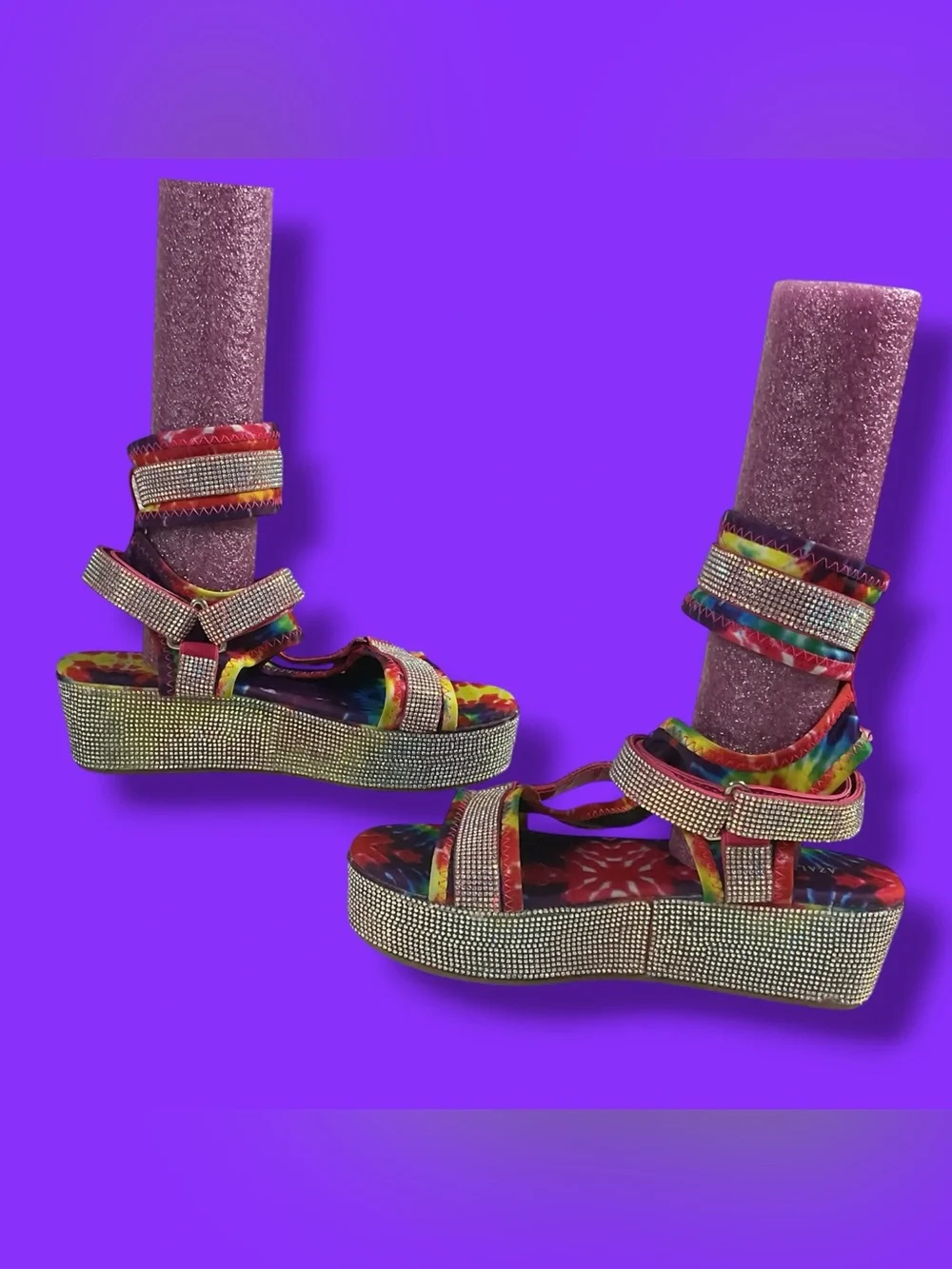 Azalea Wang Force Multicolor Tie-Dye Platform Sandals w/Rhinestone Straps Size 8